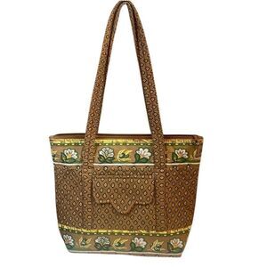 Quilted Cotton Polyester Brown Floral Olives Cottagecore Overnight Tote Bag